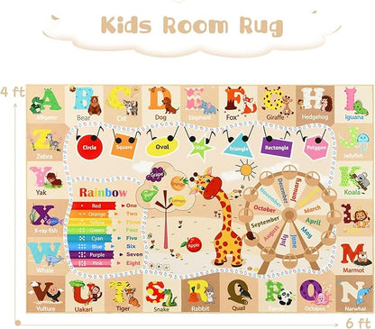 Beige kids room rug design with alphabet letters, animals, shapes, and months wheel.