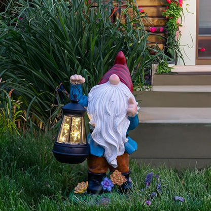 Solar Garden Statue Lights Gnome Figurine with Solar Lantern, Outdoor Garden Succulent Ornaments Waterproof, Fathers Day Mom Gifts for Outside Patio Yard Lawn Decor