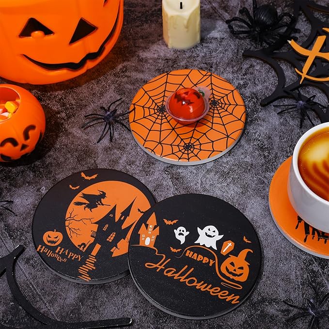 Halloween ceramic coaster set with orange spiderweb and black cat pumpkin designs
