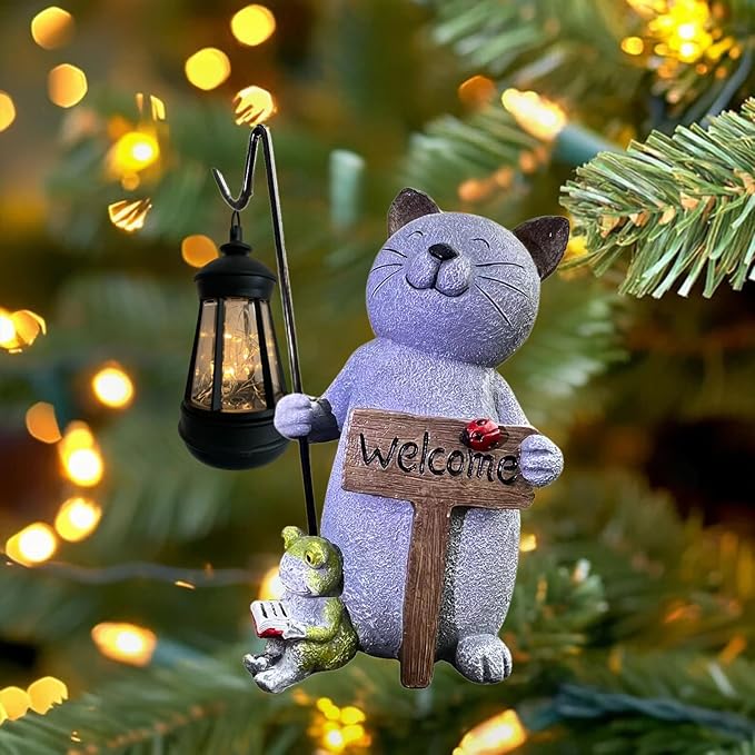 Cat Solar Garden Statue with Lantern and Welcome Sign - IP44 Resin Decor