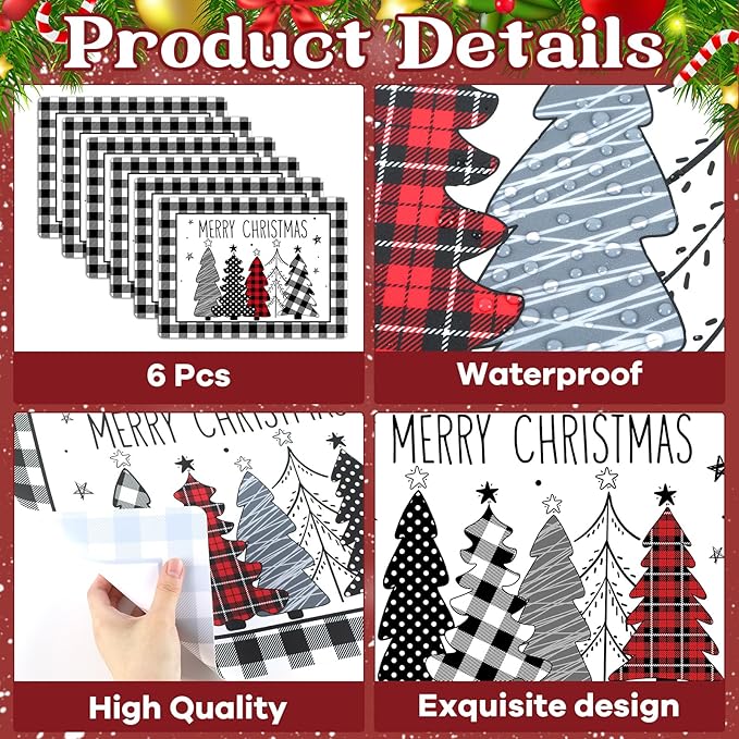 Set of 6 Christmas placemats with buffalo plaid border and Christmas tree illustrations