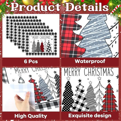 Set of 6 Christmas placemats with buffalo plaid border and Christmas tree illustrations
