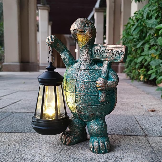 Solar Turtle Figurine with Lantern - Hand-Painted UV-Resistant Resin Garden and Patio Decor