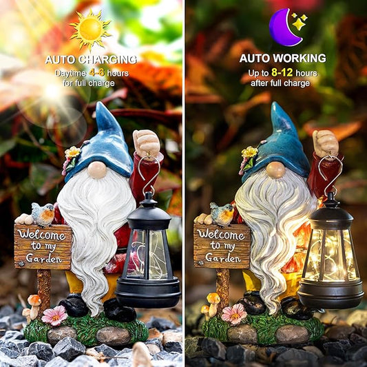 Garden gnome yard statue with welcome sign and lit solar lantern, blue hat and white beard