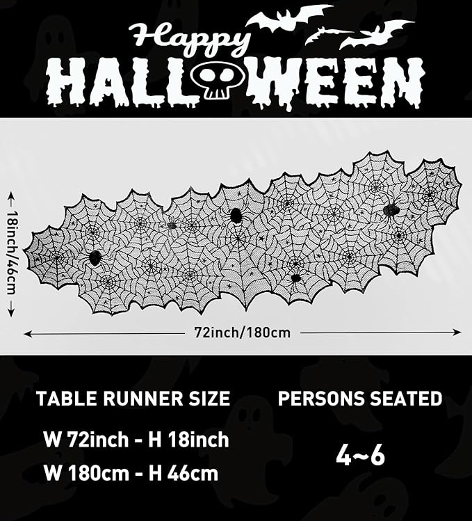 Black spiderweb lace table runner, long runner shape with repeating web motifs