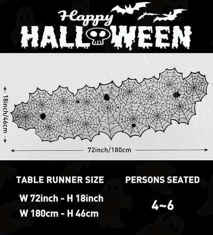 Black spiderweb lace table runner, long runner shape with repeating web motifs