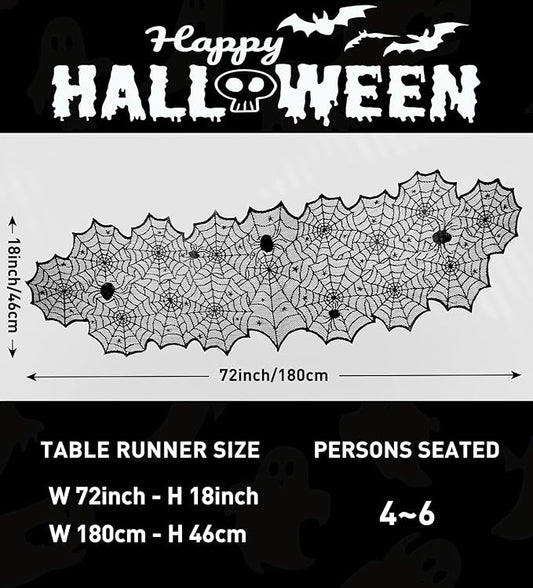 Black spiderweb lace table runner, long runner shape with repeating web motifs