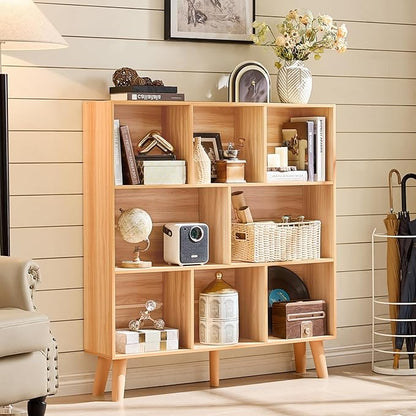 Natural Oak 8-Cube Wide Bookshelf with Wood Legs - Mid-Century Boho Bookcase for Living Room, Home Office, and Every Grown-Up Interior That Has Run Out of Places to Put Its Books