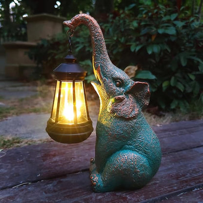 Solar Elephant Garden Statue Holding Lantern - Resin Outdoor Decor Good Luck Gift
