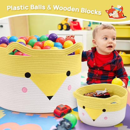 Woven baby toy storage basket with yellow rim and white animal face print