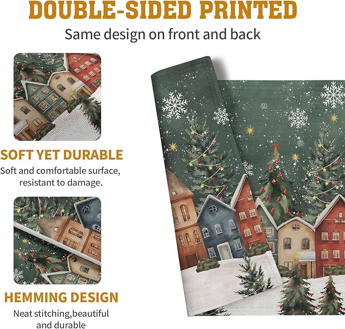 Double-sided green Christmas placemat with snowy village and fir tree design