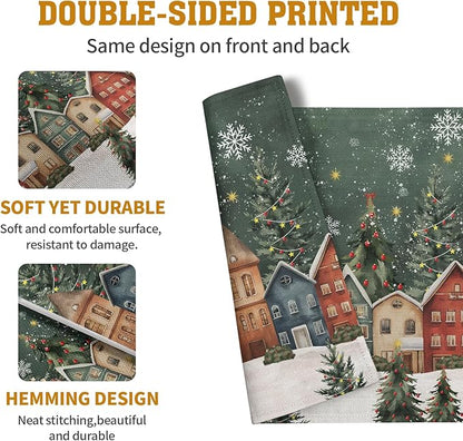 Double-sided green Christmas placemat with snowy village and fir tree design