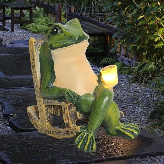 Mini Frog Garden Statue with Solar Coffee Cup Light - Resin Outdoor Decor