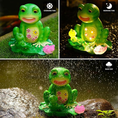 Solar Frog Mother and Baby Garden Statue with 6 LED Lights - Resin Outdoor Family Decor