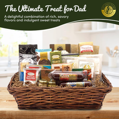 Wicker snack gift basket filled with gourmet crackers, pretzels, chocolate, and sweet treats