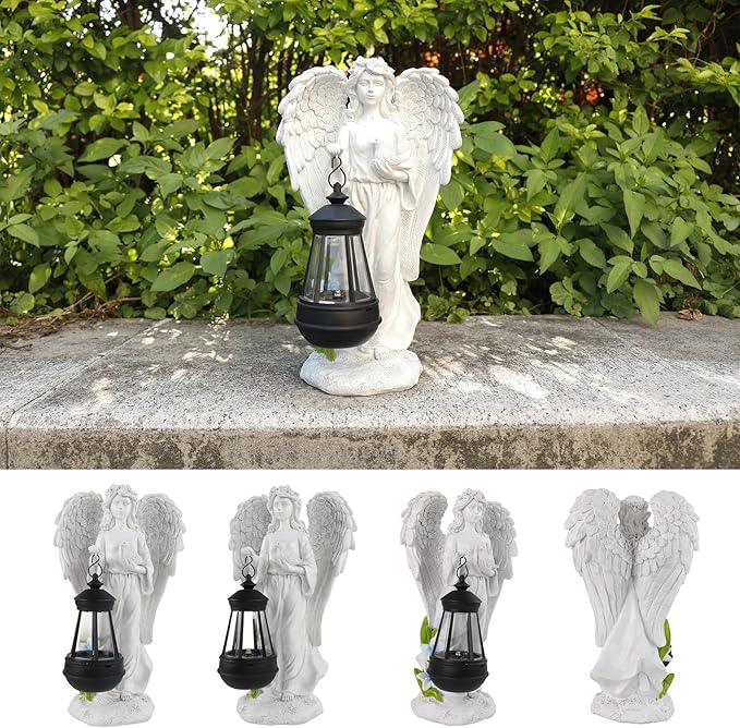 Solar Guardian Angel Garden Statue with Lantern - Antique White Resin Waterproof Outdoor Decor