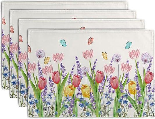 Set of 4 square cotton-linen placemats with tulips and butterflies in lavender tones