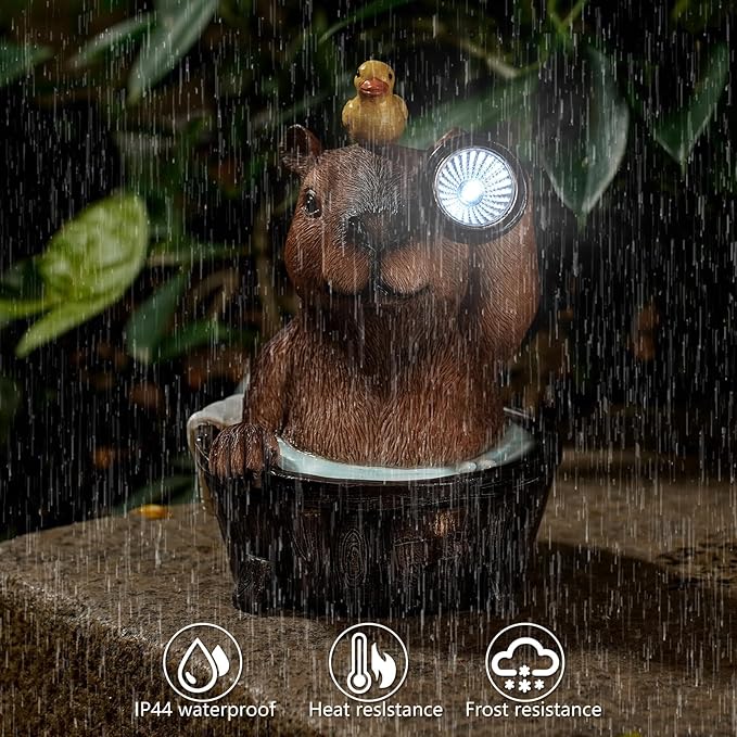 Capybara Solar Garden Statue with Duck and Flashlight - Funny Resin LED Outdoor Decor