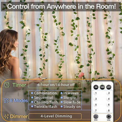 Pothos Vine Fairy Lights – 6.5ft x 6.5ft 200 LED Warm White | Pre-Strung Leaf Curtain Lights | Remote Timer Dimmer | Bedroom Dorm Wedding Party Wall Decor