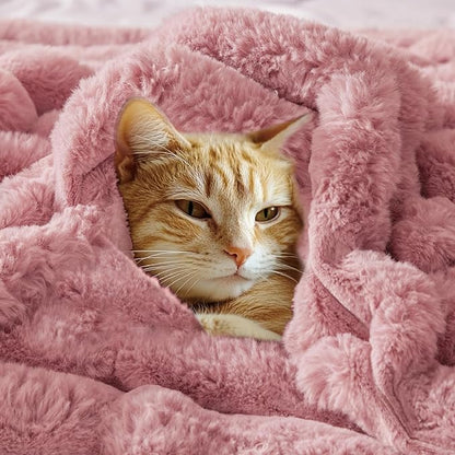 Pink Faux Rabbit Fur Throw Blanket – 50"x60" | 770GSM Double-Sided Luxury Fluffy Blanket | 3D Striped Plush Couch Throw for Women