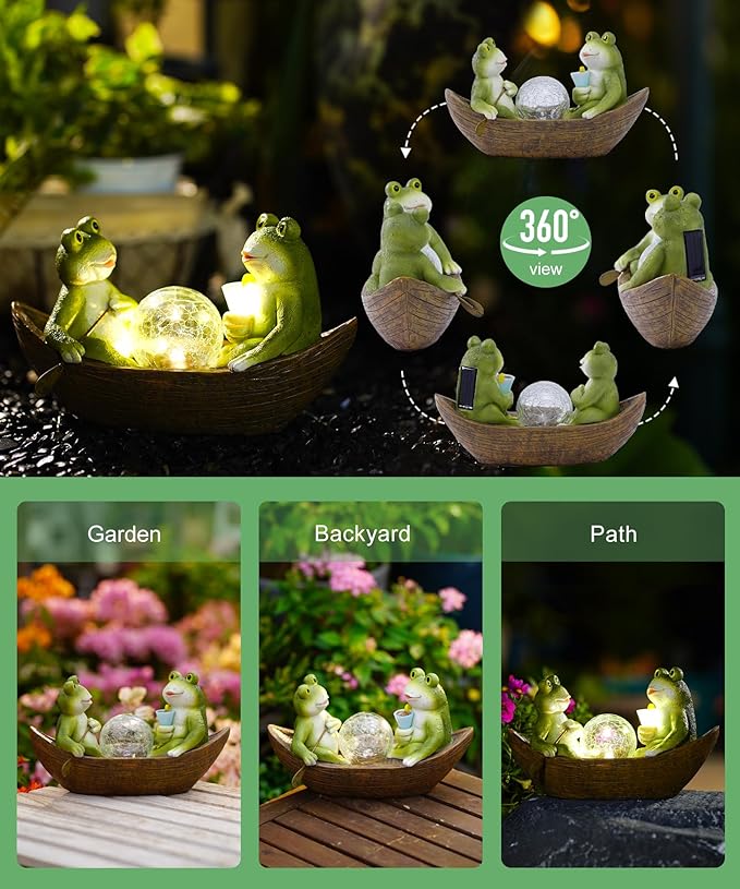 Solar Frogs in a Boat Garden Statue - IP44 Waterproof Resin Outdoor Sculpture and Yard Decor