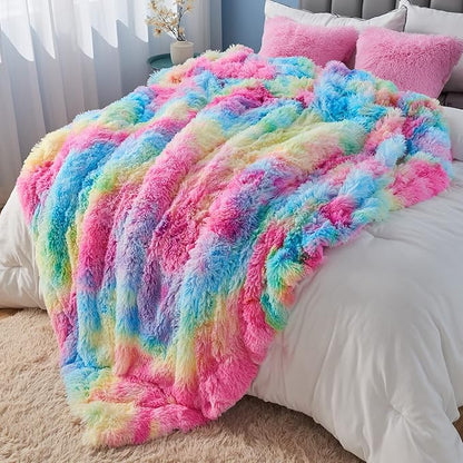 Dark Rainbow Shaggy Faux Fur Queen Blanket – 90"x90" | 1.5" Deep Plush Pile | Moody Jewel-Tone Throw for Queen Beds & Dark Fantasy Bedrooms