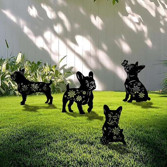 Black Bulldog Metal Garden Stakes Set of 4 - Weather-Resistant Dog Silhouette Yard Decor for Lawn, Patio, Flower Beds, and Pet Lovers