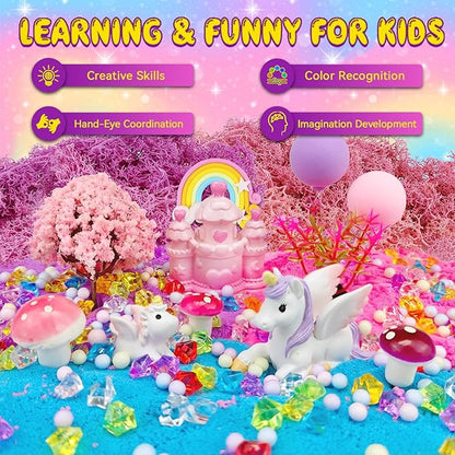 Unicorn terrarium craft with pink-and-blue base, unicorn figures, and colorful bead accents