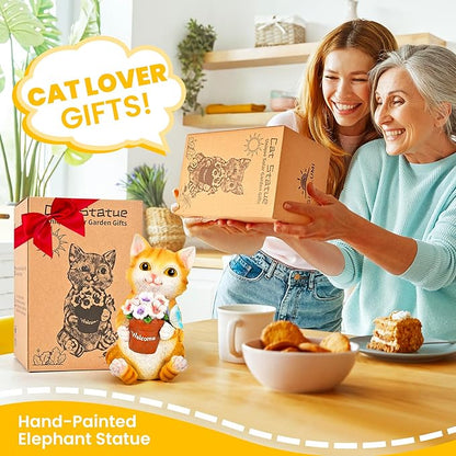 Cat Solar Garden Statue with Flower Pot and 5 LED Lights - Resin Outdoor Decor