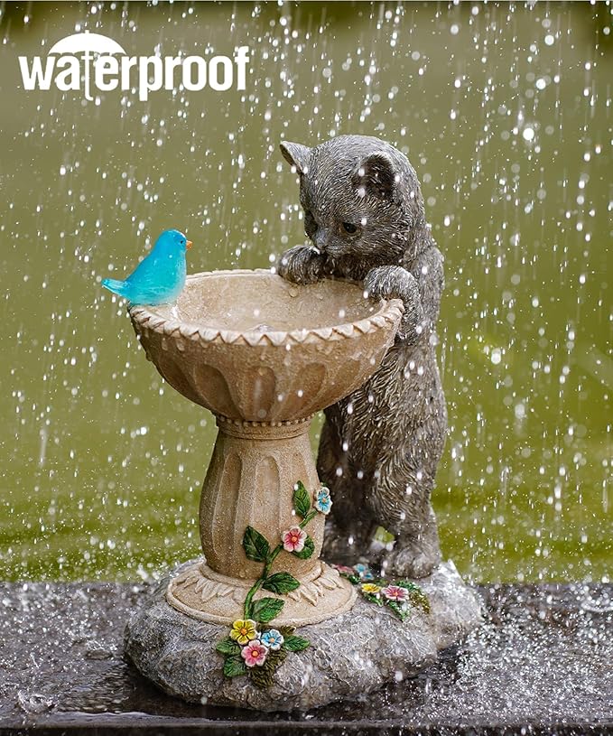 Cat Birdbath Garden Statue with Solar Light - Handcrafted Resin Outdoor Decor