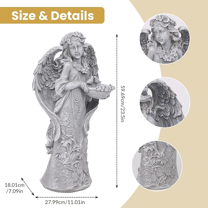 Large Angel Garden Statue with Birds - 23.5-Inch Natural Stone Detail Resin Outdoor and Indoor Sculpture