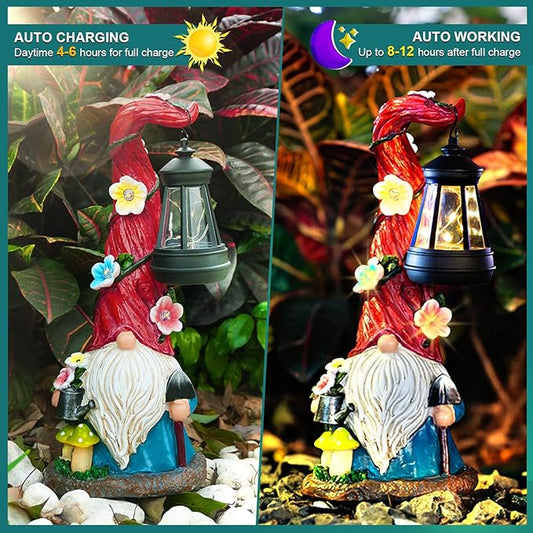 Red gnome solar lantern ornament with a warm-lit black lantern and colorful floral details