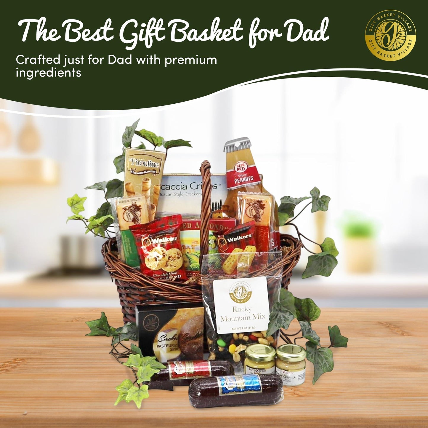 Wicker snack gift basket filled with assorted packaged foods, tied with clear wrap