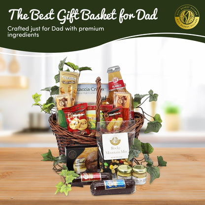 Wicker snack gift basket filled with assorted packaged foods, tied with clear wrap