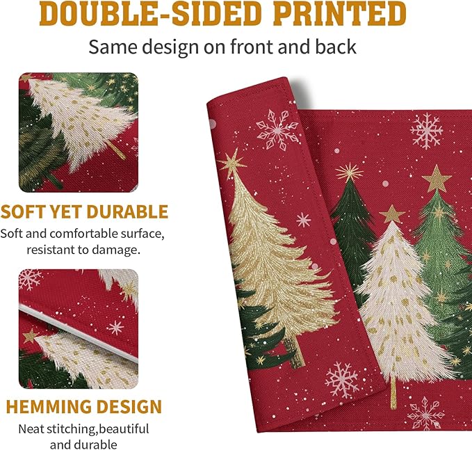 Red double-sided Christmas placemat with fir trees and snowflake print
