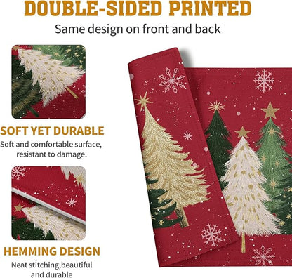 Red double-sided Christmas placemat with fir trees and snowflake print