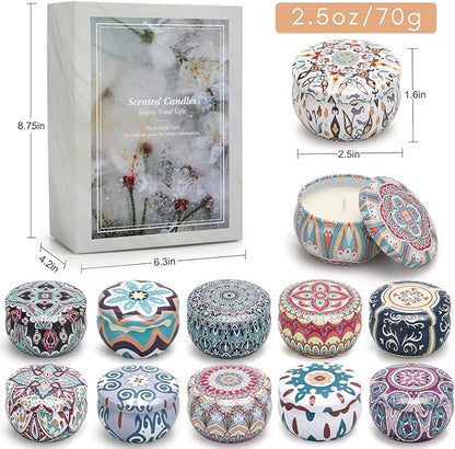 Scented candle gift set box with multiple small patterned ceramic jar candles