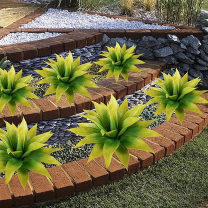 Faux agave plants with yellow-green leaves arranged across outdoor brick steps