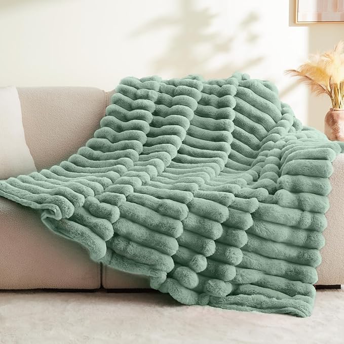 Sage Green Faux Rabbit Fur Throw Blanket – 50"x60" | 770GSM Double-Sided Luxury Fluffy Blanket | All Seasons | 3D Striped Plush Couch Throw