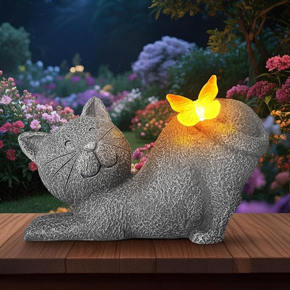 Solar Cat Garden Statue with Lighted Butterfly - IP65 Resin Outdoor Decor