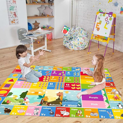 Kids learning rug with alphabet, numbers, animal images, and colored sections