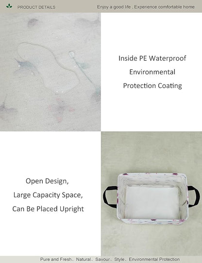 Watercolor Floral Canvas Storage Hamper Basket - Foldable Waterproof Flower and Butterfly Bin for Girls Room, Bathroom, and Gift Hampers