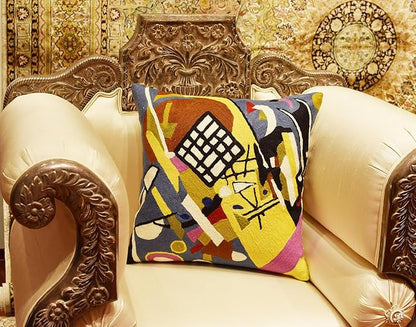 Abstract embroidered pillow cover, multicolor geometric artwork on dark base