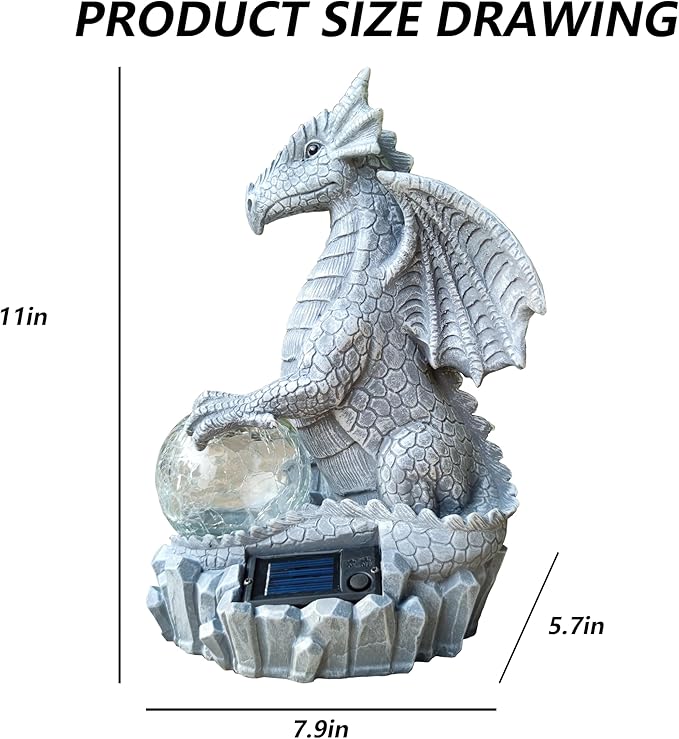 Blue dragon garden statue with glowing orb and solar panel base, front view with scale