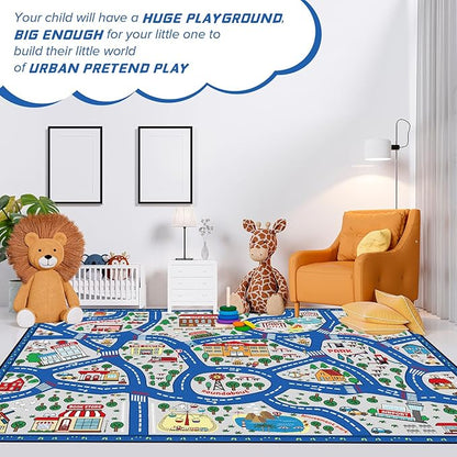 Blue city traffic playmat rug spread flat with colorful streets and town map details