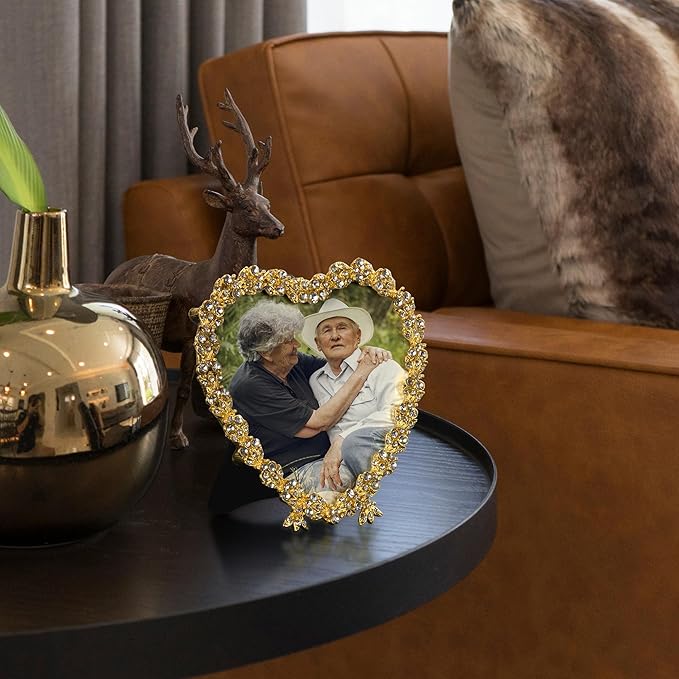 Golden heart-shaped crystal beaded photo frame with an elderly couple picture