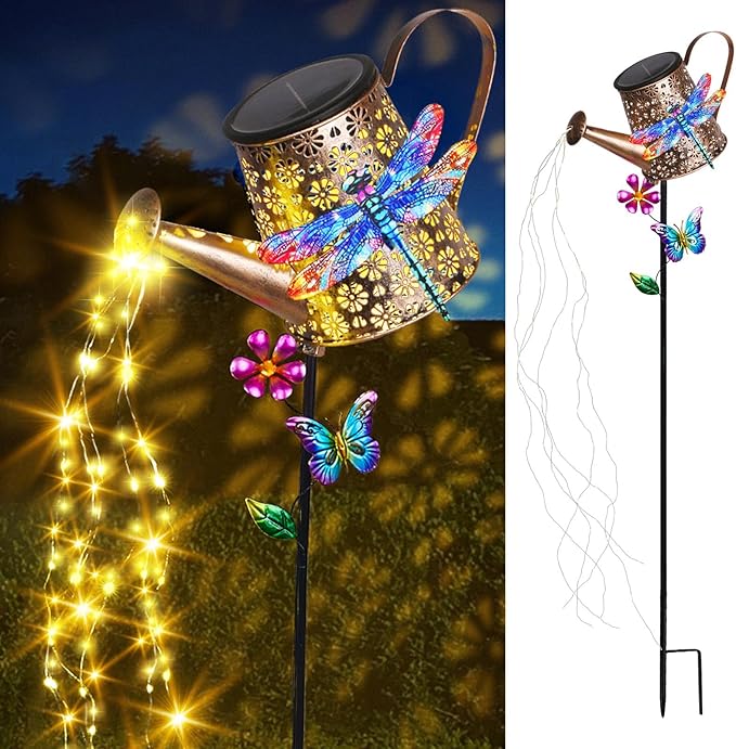 Solar watering can stake light with dragonfly decor and glowing warm yellow string