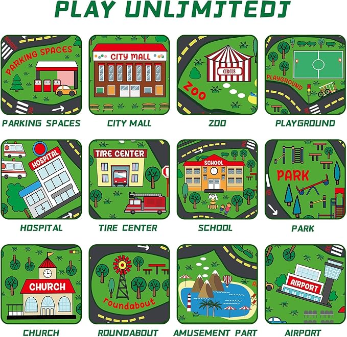 Green city-themed playmat rug with small icons like school, hospital, park, and airport