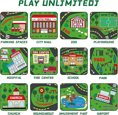 Green city-themed playmat rug with small icons like school, hospital, park, and airport