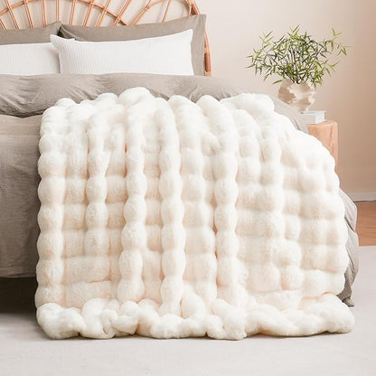 Cream White Bubble Faux Fur Throw Blanket – 50"x60" | 1300GSM Ultra-Thick Double Faux Fur | 3D Bubble Texture | Anti-Shedding | Gift for Women